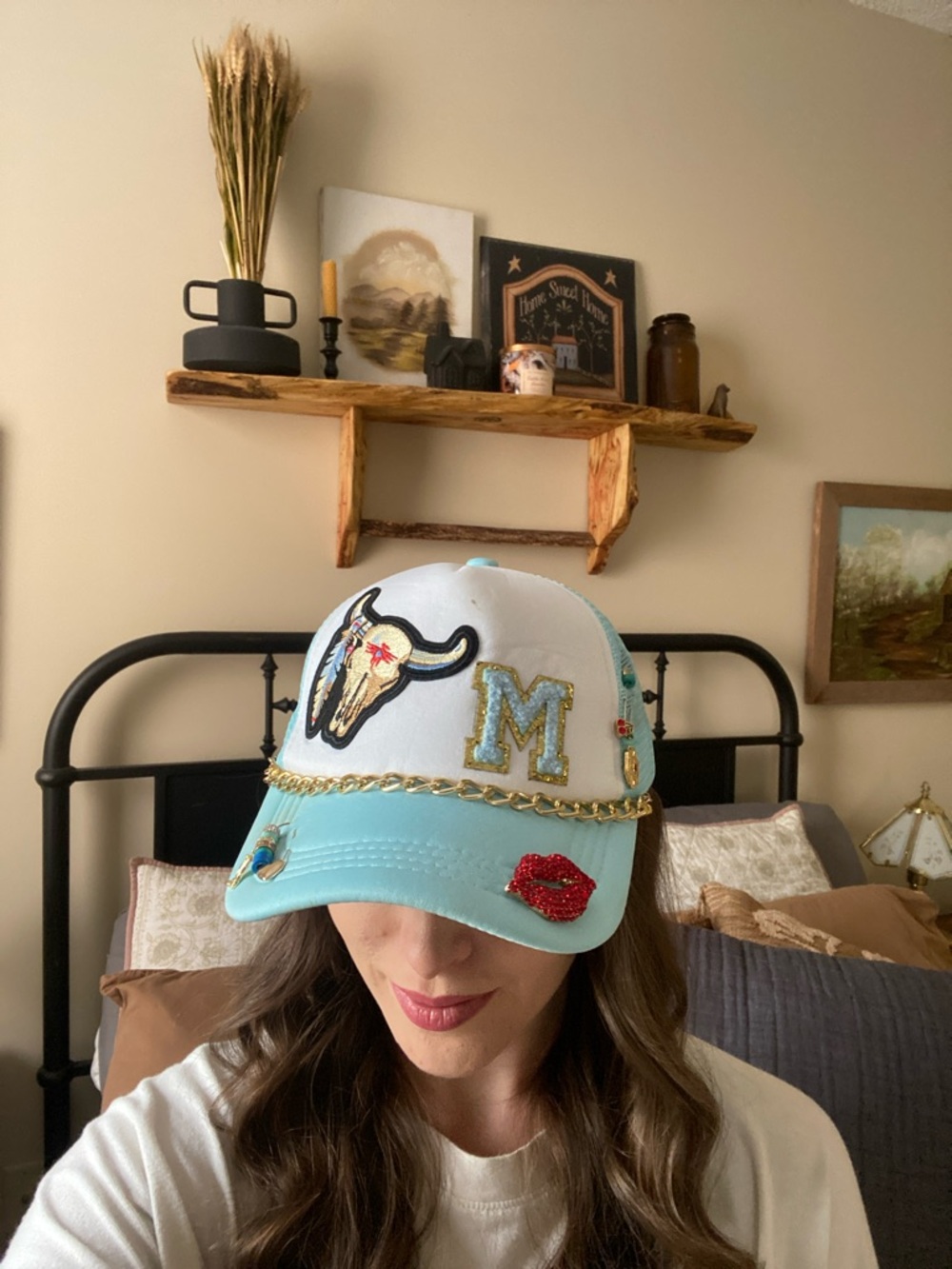 Customized Western Sky Blue and White and Gold Cowgirl M Trucker Hat — OS